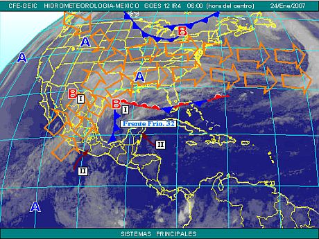 Pronóstico meteorológico para el miércoles 24 de enero de 2007 en la República Mexicana