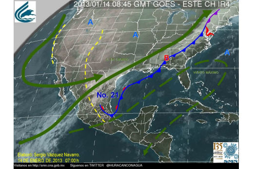 Mapa meteorológico de México para el 14 de enero de 2013