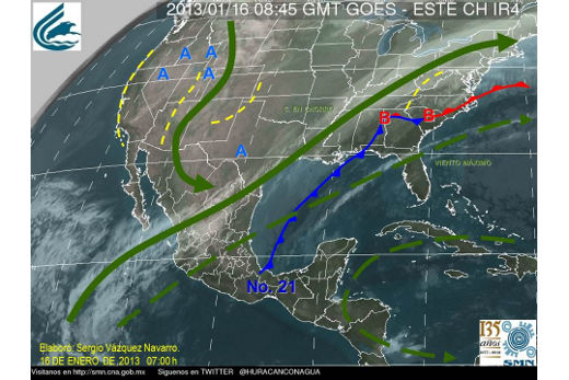 Mapa de condiciones meteorologicas del 16 de enero de 2013 para México