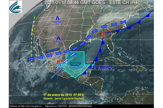 Mapa de condiciones meteorológicas de México para el 17 de enero de 2013