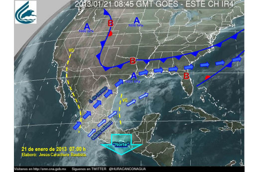 Mapa de condiciones meteorológicas de México para el 21 de enero de 2013